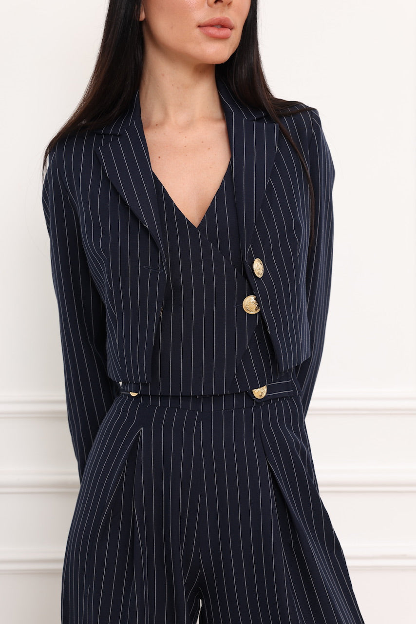 NAVY PINSTRIPE CROPPED BLAZER