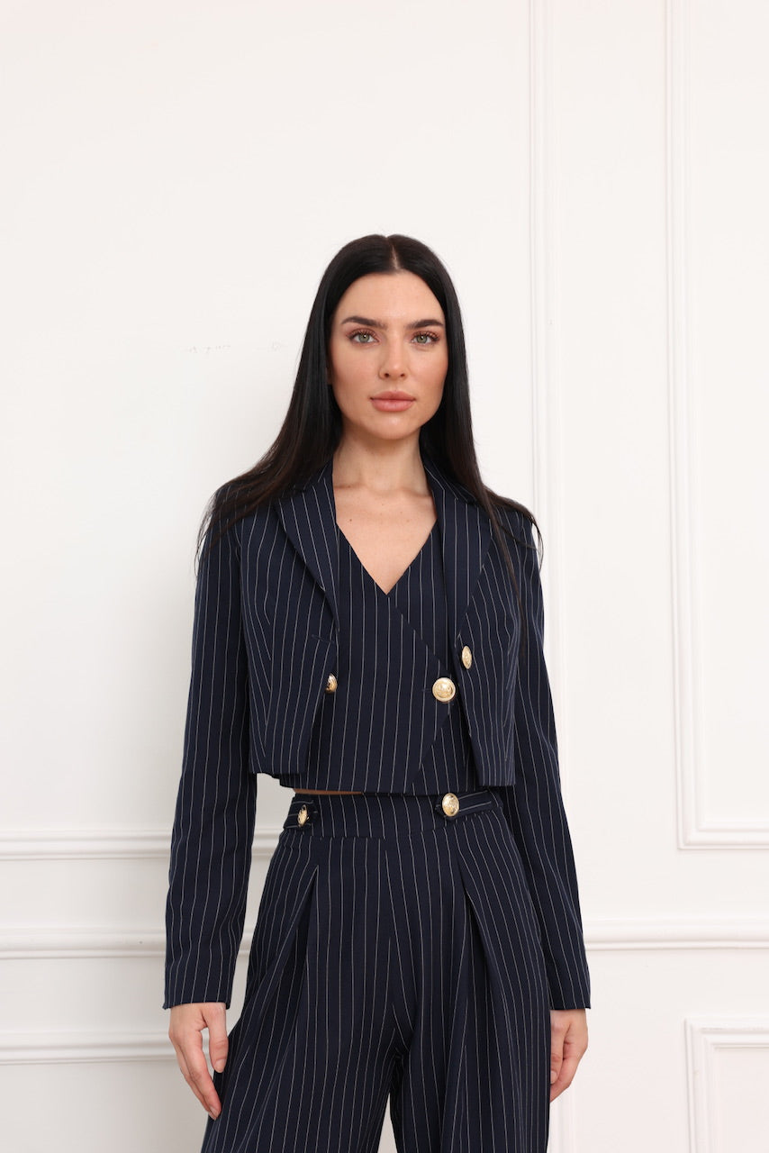NAVY PINSTRIPE CROPPED BLAZER