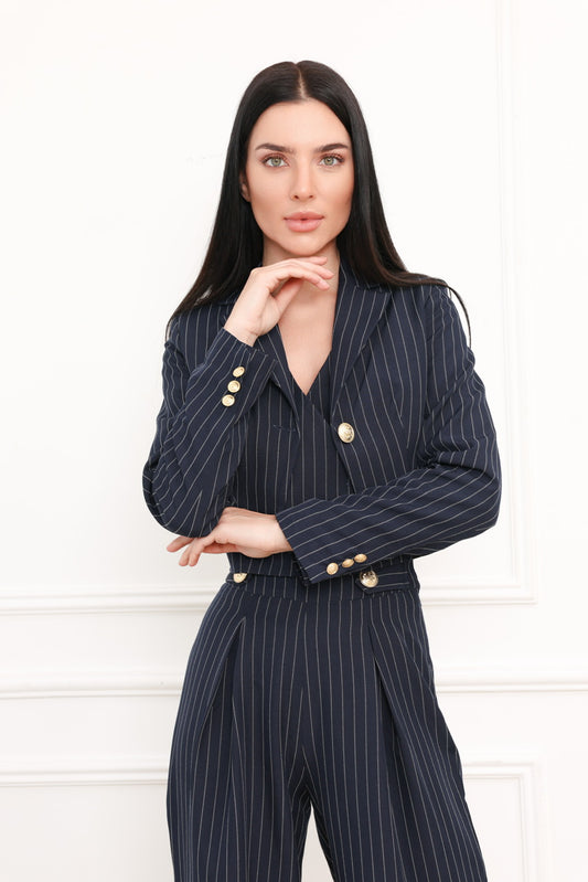 NAVY PINSTRIPE CROPPED BLAZER