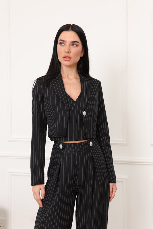 BLACK PINSTRIPE CROPPED BLAZER